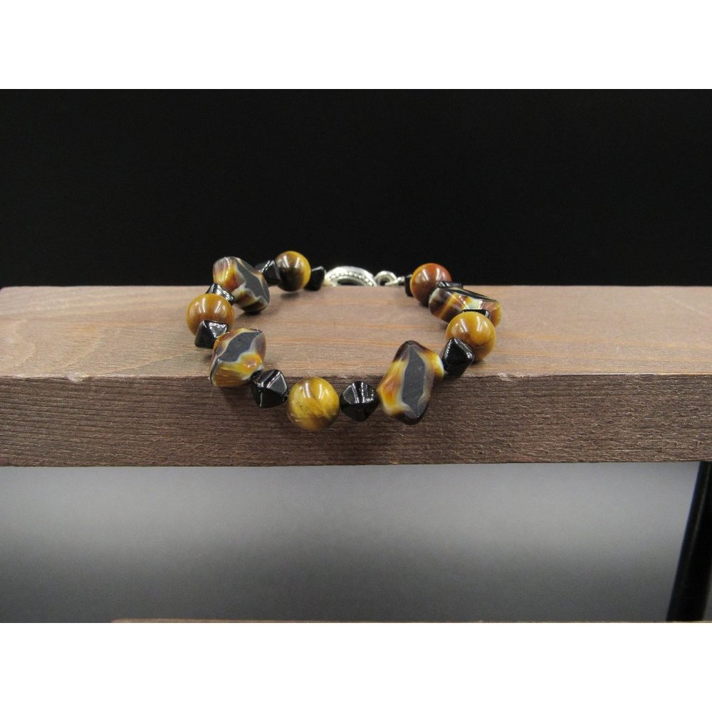 7" Silver Tone Faux Stone And Tiger's Eye Stone Bracelet Vintage Elegant